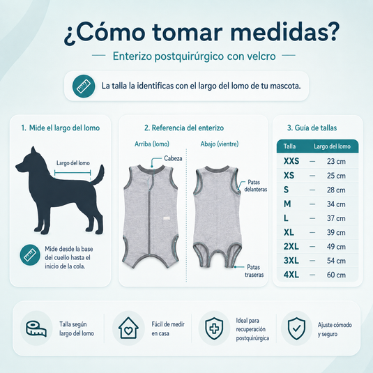 Guía de tallas del enterizo postquirúrgico con velcro para mascotas según el largo del lomo, desde talla XXS hasta 4XL
