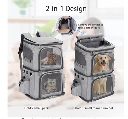 Mochila transportadora de mascotas de doble compartimento para gatos y perros pequeños