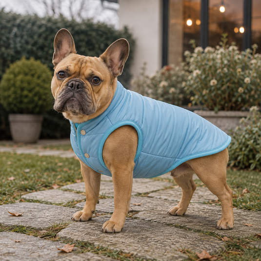 Bulldog francés usando chaleco ovejero acolchado azul para perro en un jardín durante clima fresco