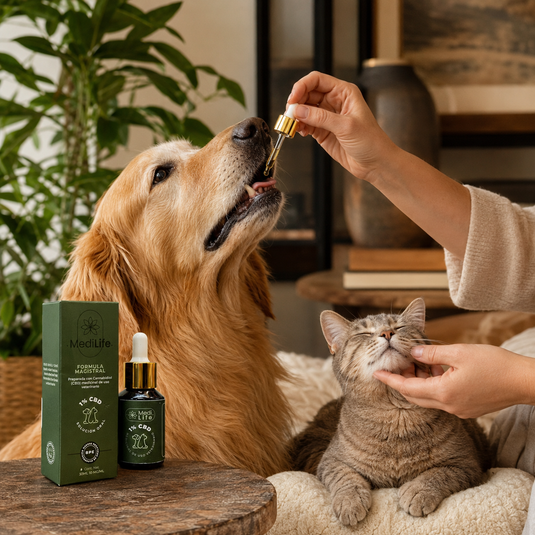 Perro y gato tranquilos mientras reciben gotas de CBD veterinario en casa