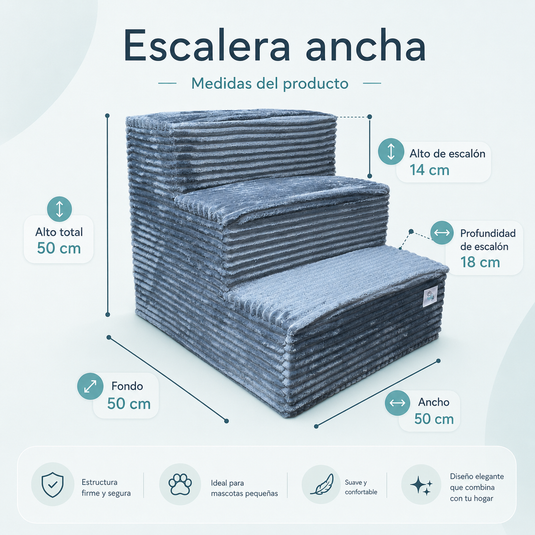 Escalera ancha acolchada para perros y gatos con medidas de 50 cm de alto, 50 cm de fondo y 50 cm de ancho