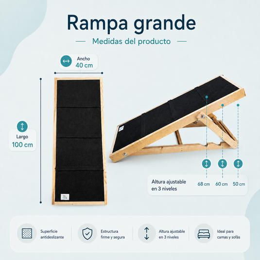 Rampa grande ajustable para perros con superficie antideslizante, 100 cm de largo, 40 cm de ancho y tres alturas de 50, 60 y 68 cm
