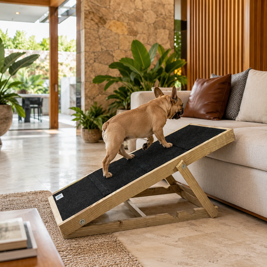 Perro usando rampa grande ajustable de madera con superficie antideslizante para subir al sofá